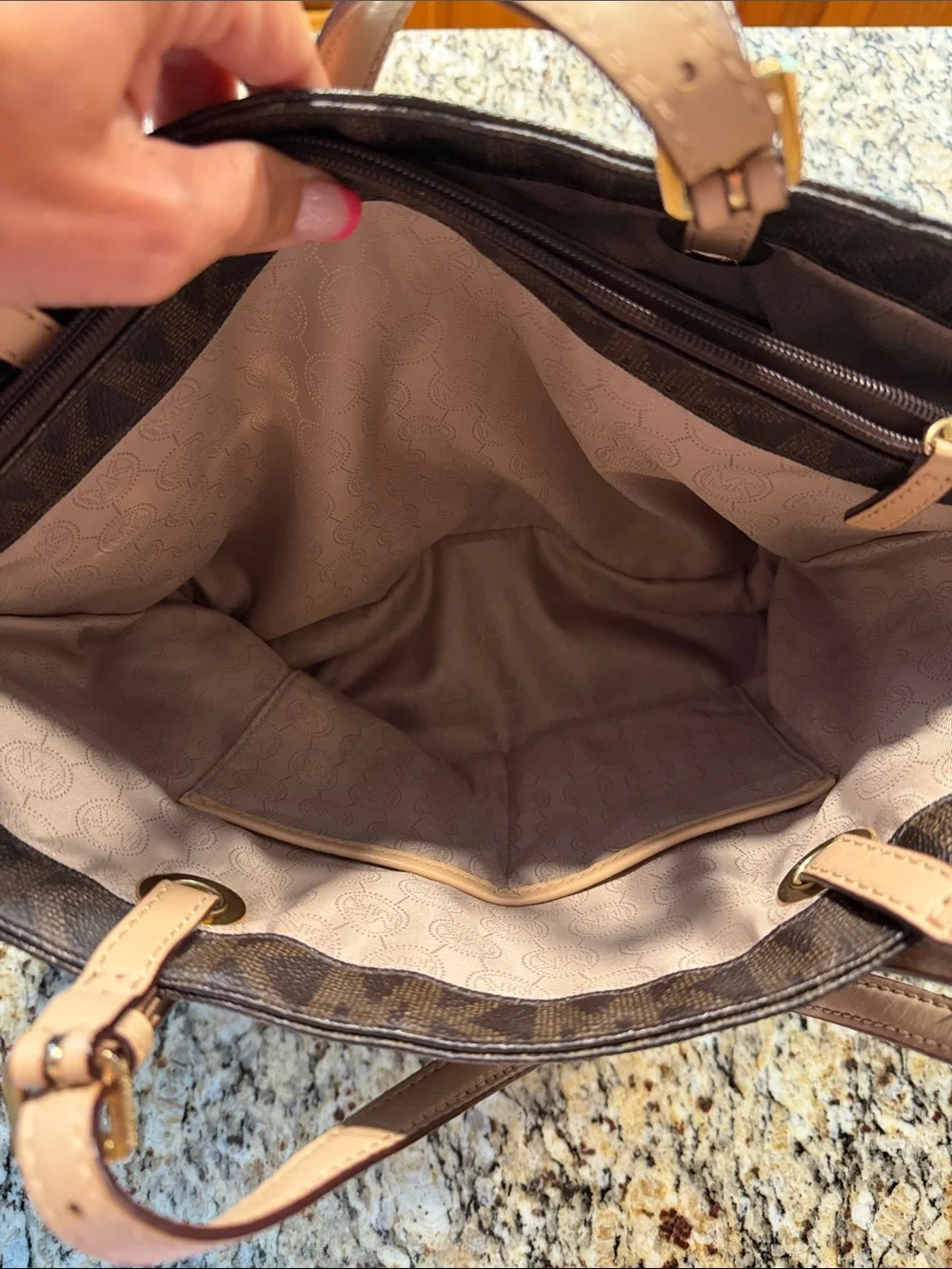 Michael Kors Black Logo Shoulder Tote with Gold MK Charm and Tan Straps